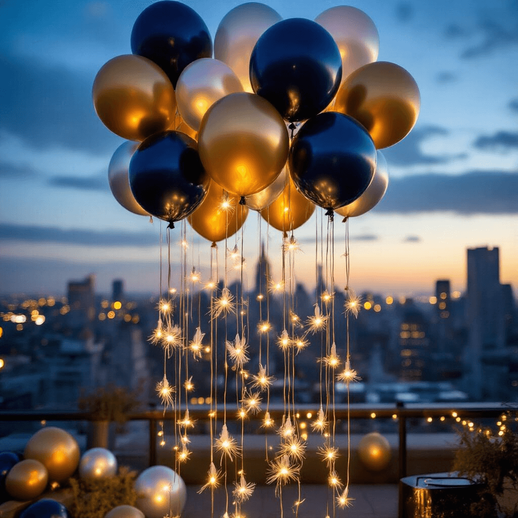 How to Create Stunning Balloon Decorations That Actually Look Professional (Not Like a Kindergarten Party) Intimate rooftop party with a ceiling installation of deep navy, metallic gold, and soft silver balloons in varying heights, illuminated by LED light strips. Overhead shots showcase intricate balloon layering with transparent balloons containing delicate feathers and metallic confetti, set against a glowing city skyline.