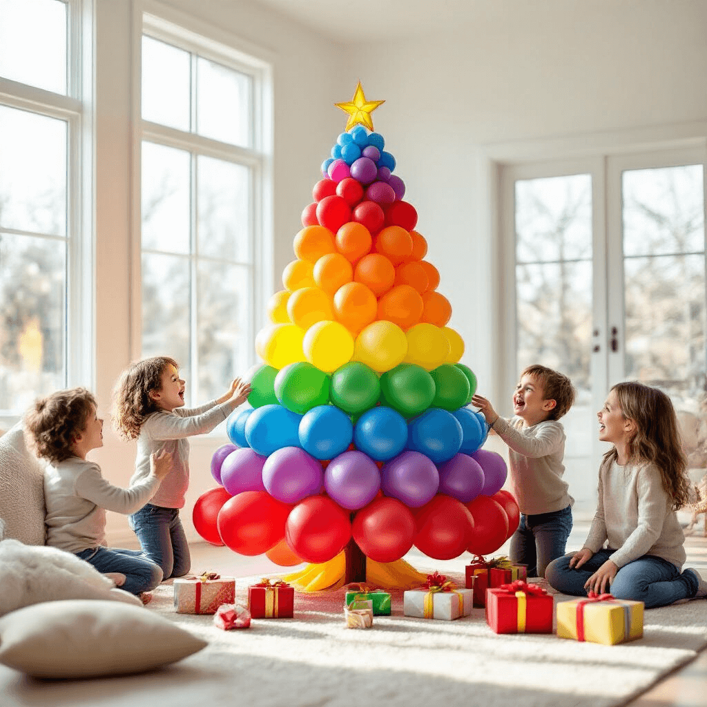 How to Build a Stunning Balloon Christmas Tree That'll Make Your Neighbors Jealous A joyful scene of children gathered around a vibrant rainbow-colored balloon Christmas tree in a bright, minimalist living room, filled with natural light and holiday gifts, capturing their wonder and excitement.