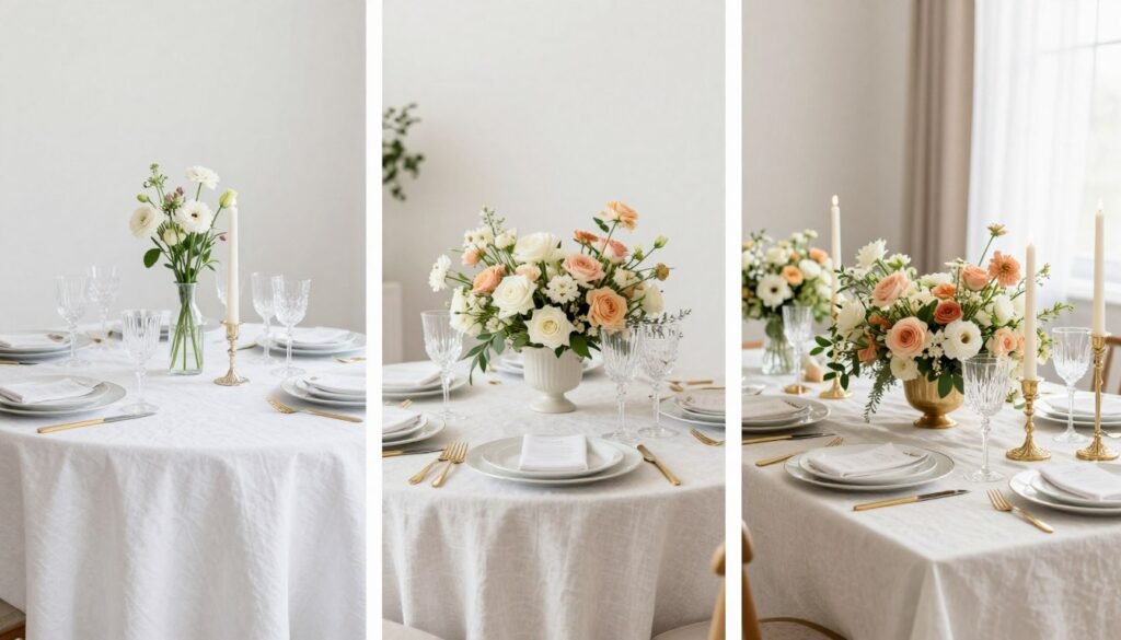 Comparison of three different budget levels of wedding table settings Comparison of three different budget levels of wedding table settings
