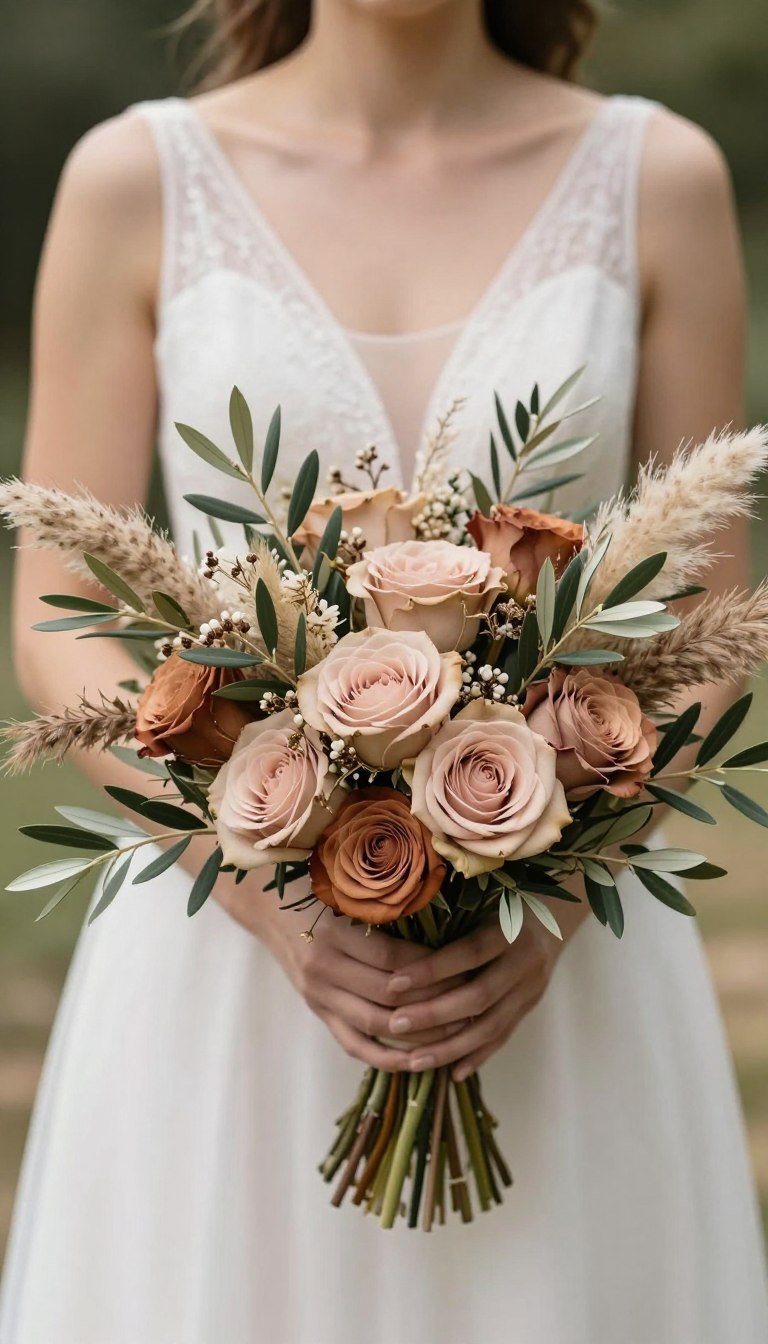 Elegant bridal bouquet featuring olive branches, dried pampas grass, and earth-tone roses in a natural setting