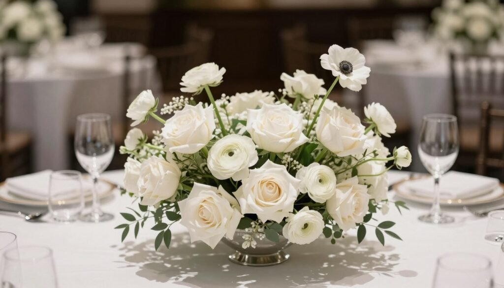 Elegant monochromatic white wedding centerpiece with varied textures Elegant monochromatic white wedding centerpiece with varied textures