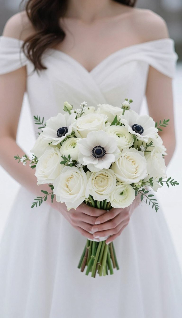 Winter Wedding Flowers That Look Elegant (Not Rustic): Chic & Timeless Floral Ideas for 2026 Elegant white winter wedding bouquet with roses and anemones against a snowy backdrop