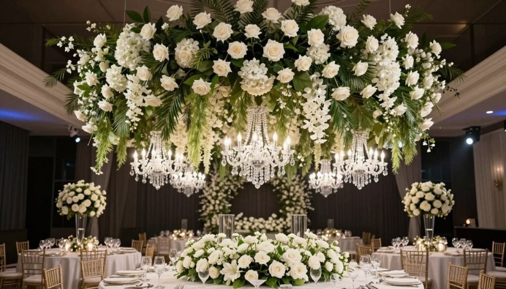 Luxury suspended floral ceiling installation over wedding reception tables Luxury suspended floral ceiling installation over wedding reception tables