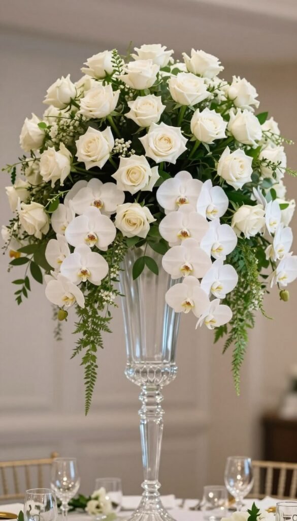 Luxury Wedding Flower Ideas That Look Elegant in 2026 Luxury wedding flower arrangement with white roses, orchids and greenery in a tall crystal vase