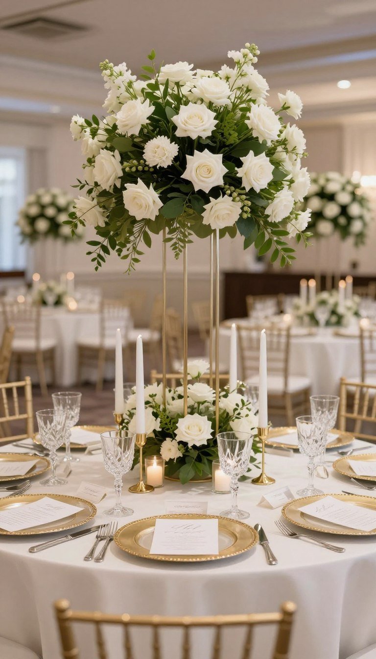 Luxury Wedding Reception Table Ideas That Look Elegant & High-End in 2026 Luxury wedding reception table with tall floral centerpieces, gold accents, and elegant place settings