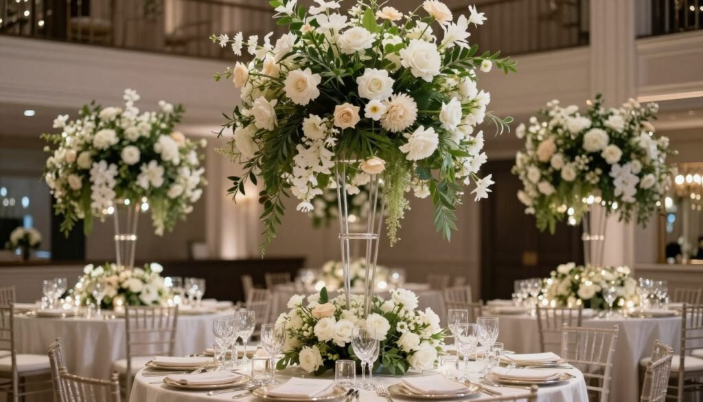 Luxury wedding reception with elaborate hanging floral installations above elegant table settings Luxury wedding reception with elaborate hanging floral installations above elegant table settings