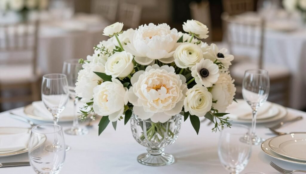 Monochromatic white luxury wedding centerpiece with various white flowers Monochromatic white luxury wedding centerpiece with various white flowers