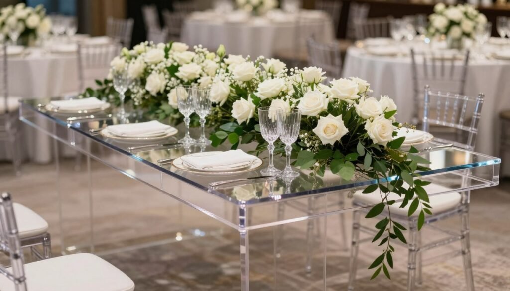 Transparent acrylic wedding table with channels filled with white roses Transparent acrylic wedding table with channels filled with white roses