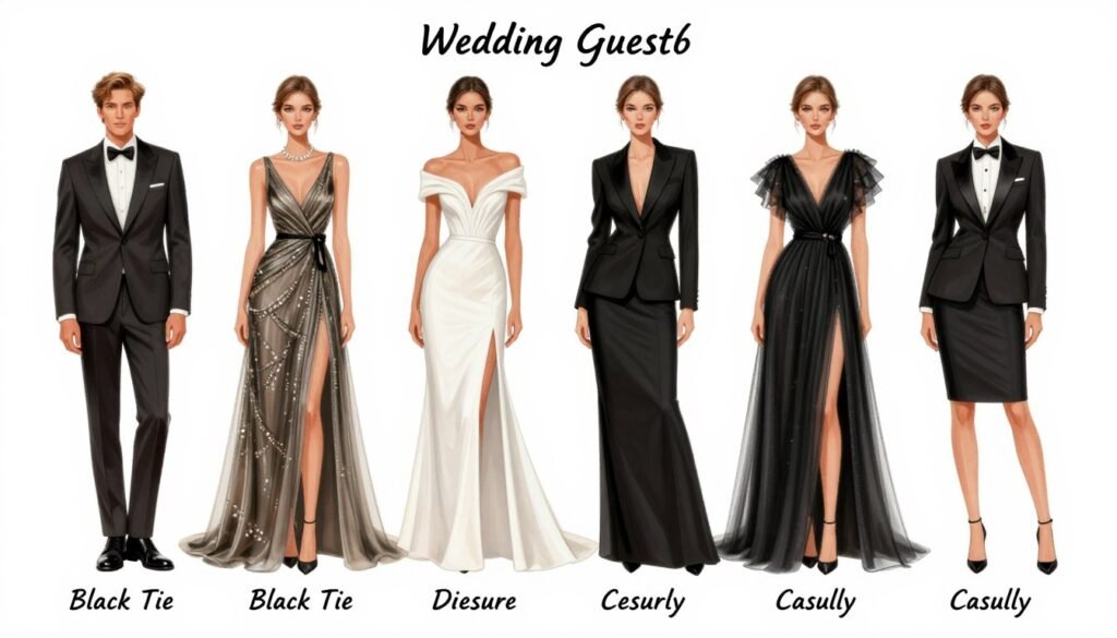 Visual guide showing different wedding guest dress codes from black tie to casual Visual guide showing different wedding guest dress codes from black tie to casual