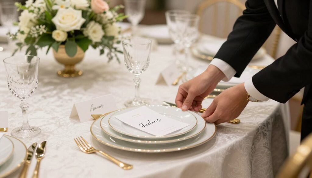 Wedding planner arranging place settings on a luxury reception table Wedding planner arranging place settings on a luxury reception table