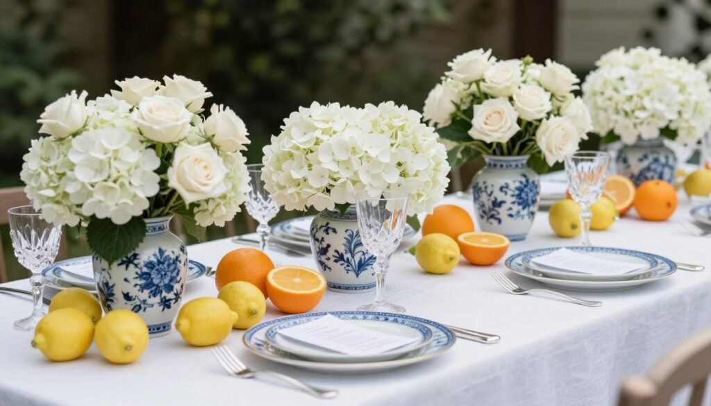 Wedding table with blue and white chinoiserie elements and fresh citrus accents Wedding table with blue and white chinoiserie elements and fresh citrus accents