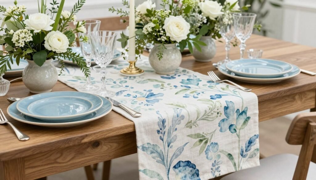 Wedding table with hand-painted linen runner and artisanal ceramic plates Wedding table with hand-painted linen runner and artisanal ceramic plates