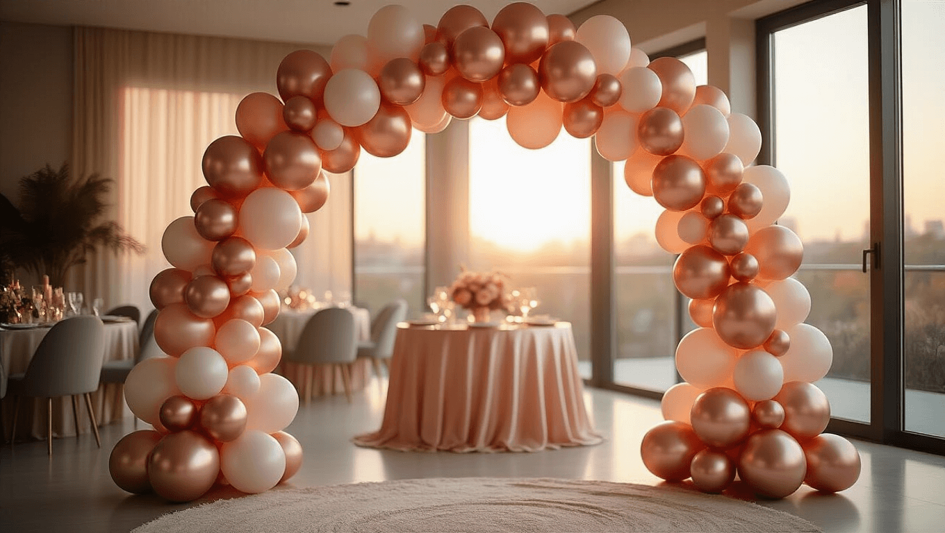 Photorealistic overhead view of an elegant anniversary balloon arch in a modern living room, featuring metallic rose gold, blush pink, and ivory balloons, softly illuminated by golden hour light, with silk table linens and sophisticated decor, creating a warm and romantic atmosphere.