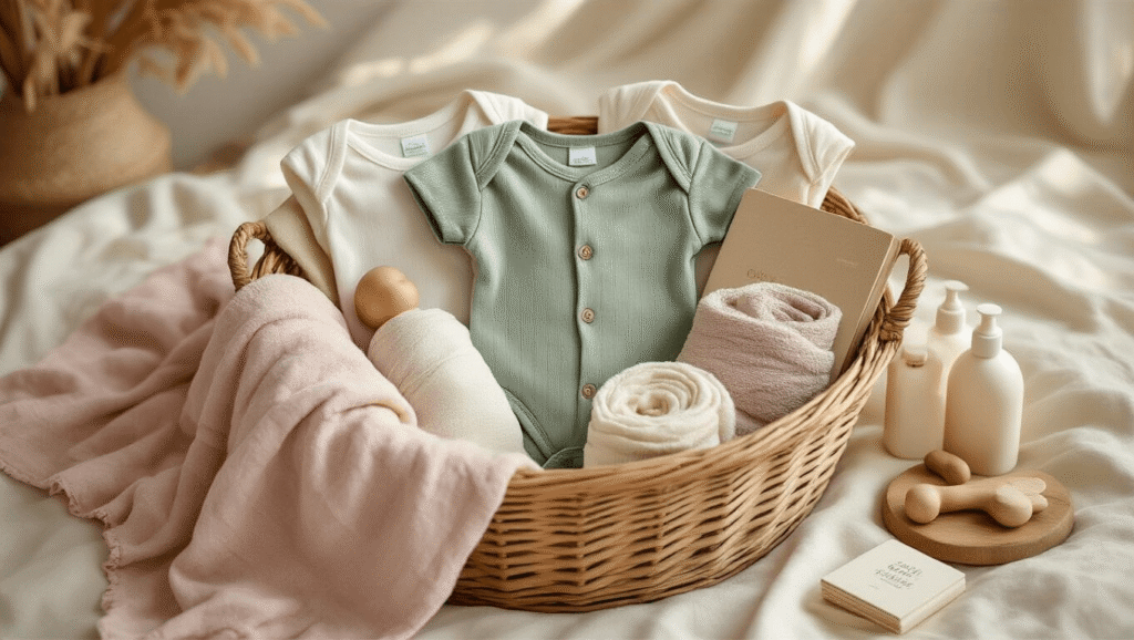 Baby Basket Gift Ideas That New Parents Actually Want A cozy baby gift basket on a cream linen surface, featuring muted sage and heather gray onesies, muslin swaddle blankets, a vintage wooden teething toy, board books, gentle baby wash, soft hooded towels, and nipple balm, all arranged with warm golden hour lighting and rustic elements.