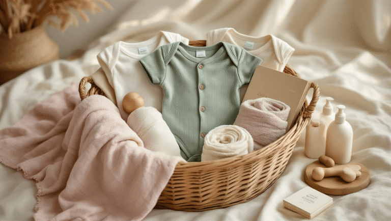 Baby Basket Gift Ideas That New Parents Actually Want A cozy baby gift basket on a cream linen surface, featuring muted sage and heather gray onesies, muslin swaddle blankets, a vintage wooden teething toy, board books, gentle baby wash, soft hooded towels, and nipple balm, all arranged with warm golden hour lighting and rustic elements.
