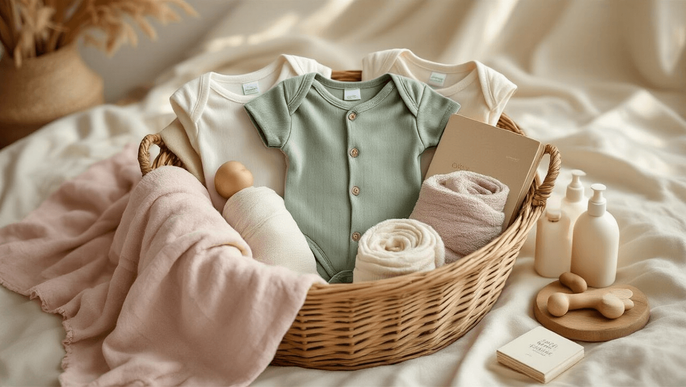 A cozy baby gift basket on a cream linen surface, featuring muted sage and heather gray onesies, muslin swaddle blankets, a vintage wooden teething toy, board books, gentle baby wash, soft hooded towels, and nipple balm, all arranged with warm golden hour lighting and rustic elements.