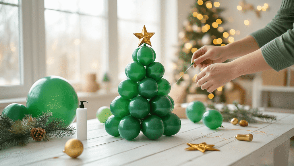 How to Build a Stunning Balloon Christmas Tree That'll Make Your Neighbors Jealous Close-up of hands assembling a balloon Christmas tree using gradient emerald and forest green latex balloons on a rustic white wooden table, with a cozy living room backdrop and a golden foil star topper nearby.