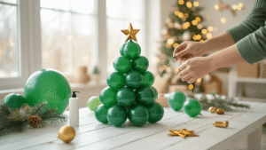 How to Build a Stunning Balloon Christmas Tree That'll Make Your Neighbors Jealous Close-up of hands assembling a balloon Christmas tree using gradient emerald and forest green latex balloons on a rustic white wooden table, with a cozy living room backdrop and a golden foil star topper nearby.