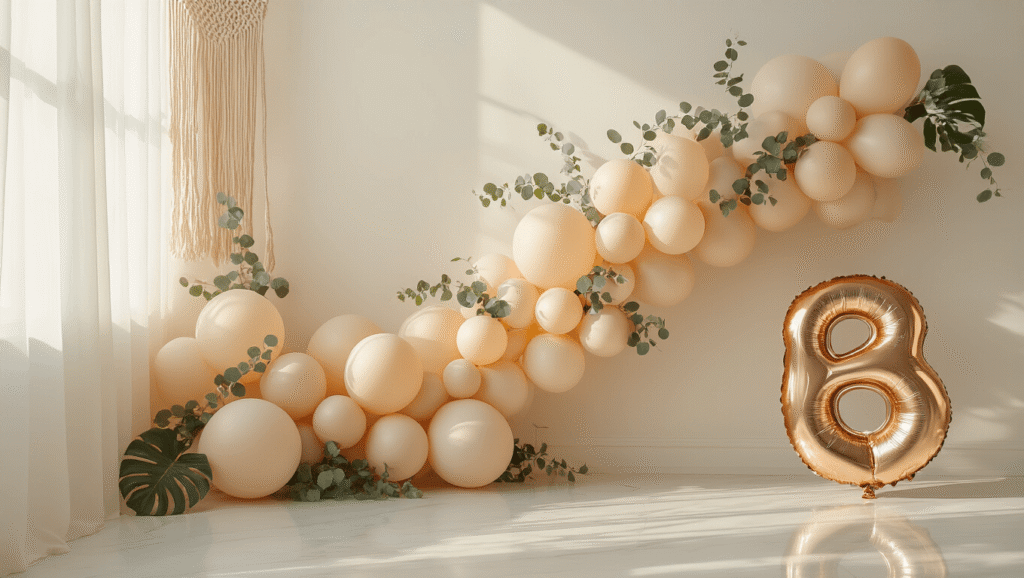 Beige Balloons: The Understated Hero Your Elegant Event Needs Elegant beige balloon arrangement with eucalyptus garlands on a pristine white wall, featuring warm tones and soft natural lighting, showcasing luxurious textures and minimalistic composition.