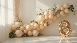 Beige Balloons: The Understated Hero Your Elegant Event Needs Elegant beige balloon arrangement with eucalyptus garlands on a pristine white wall, featuring warm tones and soft natural lighting, showcasing luxurious textures and minimalistic composition.