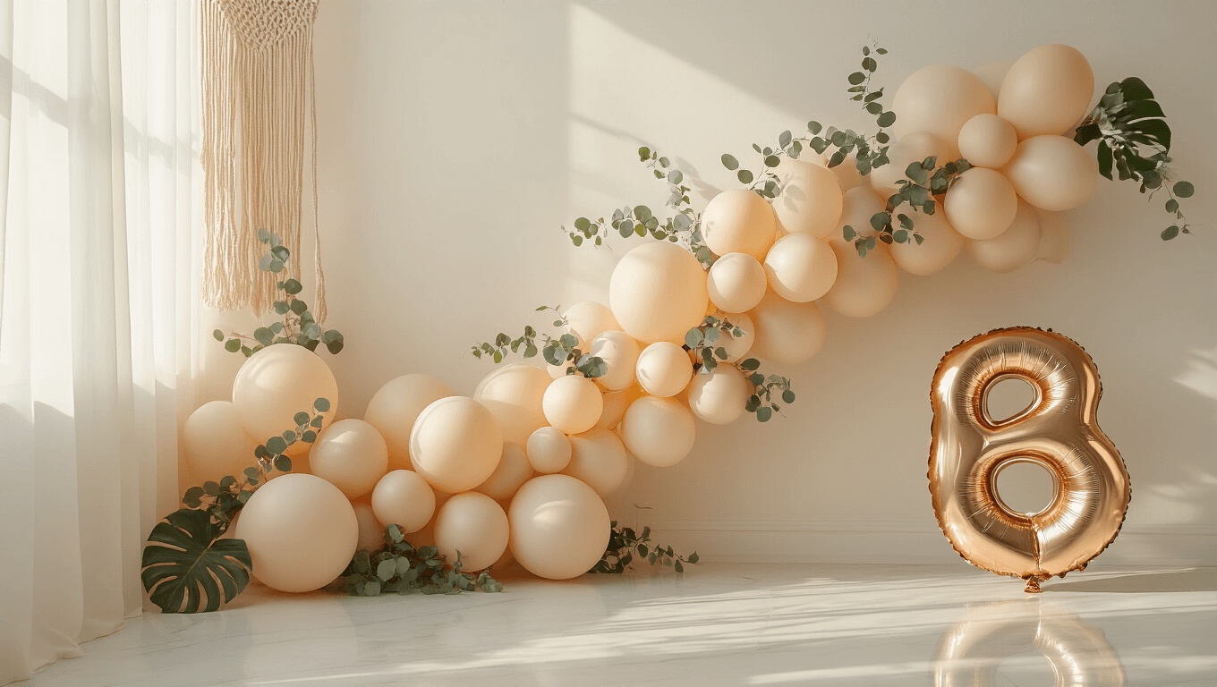 Elegant beige balloon arrangement with eucalyptus garlands on a pristine white wall, featuring warm tones and soft natural lighting, showcasing luxurious textures and minimalistic composition.