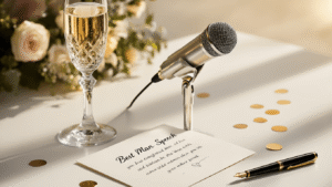 How to Write a Best Man Speech That Actually Gets Laughs (And Maybe Some Tears) A polished silver microphone and crystal champagne flute rest on a pristine white surface alongside a handwritten speech notecard and a classic fountain pen, all beautifully lit with warm golden hour lighting, creating an atmosphere of celebration and anticipation.