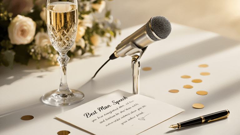 How to Write a Best Man Speech That Actually Gets Laughs (And Maybe Some Tears) A polished silver microphone and crystal champagne flute rest on a pristine white surface alongside a handwritten speech notecard and a classic fountain pen, all beautifully lit with warm golden hour lighting, creating an atmosphere of celebration and anticipation.