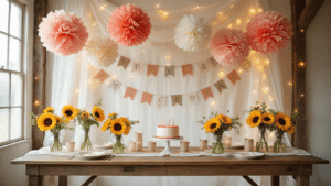 Birthday Party Magic Without a Single Balloon in Sight A dreamy birthday party setup featuring coral and gold tissue paper pom-poms, rustic bunting, warm fairy lights, and sunflower-filled mason jars on a vintage farmhouse table, all illuminated by golden hour light.