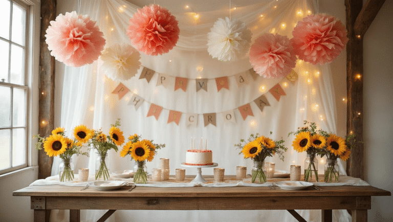 Birthday Party Magic Without a Single Balloon in Sight A dreamy birthday party setup featuring coral and gold tissue paper pom-poms, rustic bunting, warm fairy lights, and sunflower-filled mason jars on a vintage farmhouse table, all illuminated by golden hour light.