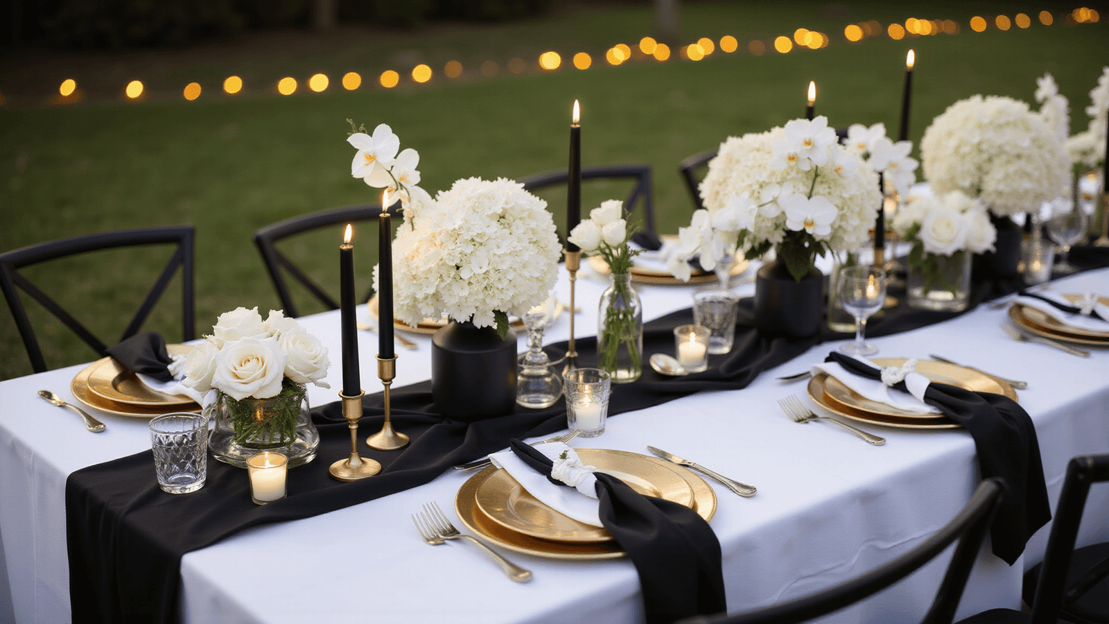 Cinematic overhead shot of an elegant black and white wedding tablescape featuring taper candles, gold chargers, and lush white orchids, illuminated by warm candlelight in a sophisticated and inviting atmosphere.