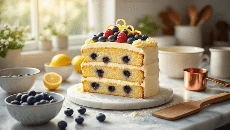 Blueberry Lemon Cake: Fresh, Bright, and Ridiculously Moist A golden-brown blueberry lemon cake adorned with creamy buttercream swirls and fresh berries, set on a flour-dusted marble counter with warm kitchen lighting, vintage mixing bowls, and rustic utensils, evoking a cozy homestyle atmosphere.