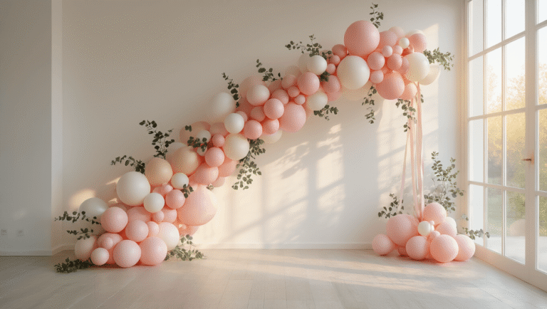 How to Create Stunning Balloon Decorations That Actually Look Professional (Not Like a Kindergarten Party) Elegant blush pink and ivory balloon garland with ombre gradient in a minimalist living room, bathed in golden hour sunlight, featuring various balloon sizes and eucalyptus sprigs, creating a warm and inviting atmosphere.