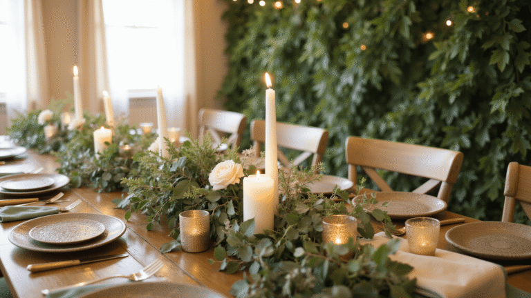 Leaf Decor Wedding Ideas: Creating Natural Beauty Without Breaking the Bank Cinematic overhead shot of an elegant wedding tablescape featuring lush eucalyptus and olive greenery, ivory pillar candles, and soft floral accents on a rustic wooden table, bathed in golden hour sunlight.