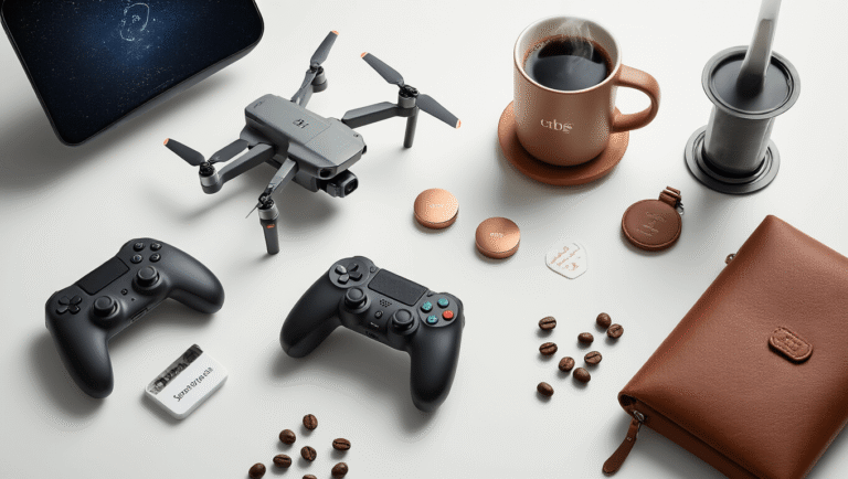 The Best Gifts for Boyfriends: A No-Nonsense Guide to Making Him Actually Happy Cinematic flat lay of premium boyfriend gifts on a white marble surface, featuring a DJI Mavic 3 Pro drone, Ember Smart Mug with coffee, scattered Apple AirTags, a gaming controller with RGB lighting, an Aeropress with coffee beans, a custom star map print, and monogrammed leather accessories, all showcased in warm tones and soft lighting.