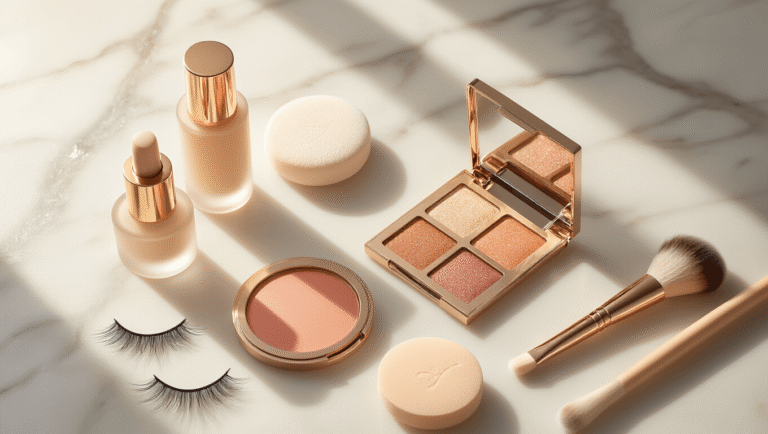 Wedding Makeup: Get That Perfect Bridal Glow Without Looking Like You Tried Too Hard Bridal makeup flatlay on marble with foundation, blush, eyeshadow palette, lashes, brow gel, lip gloss, beauty sponge, brushes, and setting powder, complemented by golden hour sunlight and soft silk ribbon.
