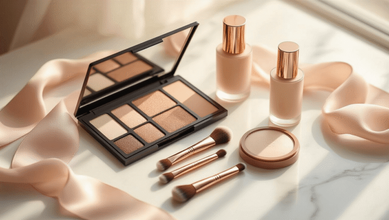 Natural Glam Wedding Makeup: The Perfect Balance Between Effortless and Elevated Softly lit vanity scene featuring natural glam bridal makeup essentials on a clean white marble surface, including a neutral eyeshadow palette, elegant makeup brushes, a dewy foundation bottle, and a cream highlighter, all draped with a soft blush silk ribbon, creating an ethereal and inviting atmosphere.