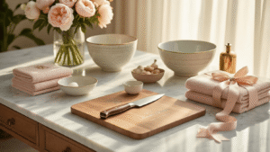 The Best Bridal Shower Gift Ideas That'll Actually Get Used (Not Shoved in a Closet) Cinematic bridal shower tablescape featuring personalized gifts on a marble countertop, including a hand-forged chef's knife, engraved cutting board, monogrammed towels, ceramic mixing bowls, glass vase with peonies, custom address stamp, and leather keepsake box, illuminated by soft golden hour lighting.