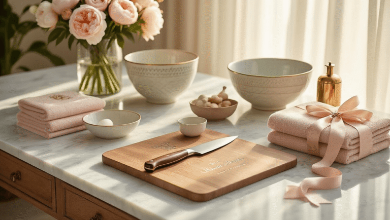 The Best Bridal Shower Gift Ideas That'll Actually Get Used (Not Shoved in a Closet) Cinematic bridal shower tablescape featuring personalized gifts on a marble countertop, including a hand-forged chef's knife, engraved cutting board, monogrammed towels, ceramic mixing bowls, glass vase with peonies, custom address stamp, and leather keepsake box, illuminated by soft golden hour lighting.