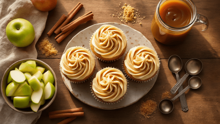 Caramel Apple Cupcakes: Fall's Perfect Bite-Sized Dessert Cinematic overhead shot of golden caramel apple cupcakes on a rustic wood counter, decorated with buttercream frosting, surrounded by fresh Granny Smith apples, cinnamon sticks, amber caramel sauce, vintage measuring spoons, and brown sugar crystals, with warm autumn sunlight creating a cozy kitchen atmosphere.