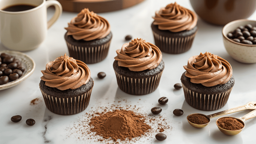 Chocolate Coffee Cupcakes: The Ultimate Recipe for Mocha Lovers Overhead view of chocolate coffee cupcakes topped with glossy espresso buttercream, on a white marble counter adorned with cocoa powder, chocolate-covered espresso beans, and vintage kitchen tools, bathed in warm golden hour light.