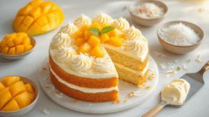 Mango Coconut Cake: The Tropical Layer Cake That'll Transport You to Paradise Cinematic overhead view of a golden coconut mango cake with fluffy coconut buttercream, vibrant mango chunks, and toasted coconut flakes on a marble counter, enhanced by warm golden hour lighting and soft pastel kitchen background.
