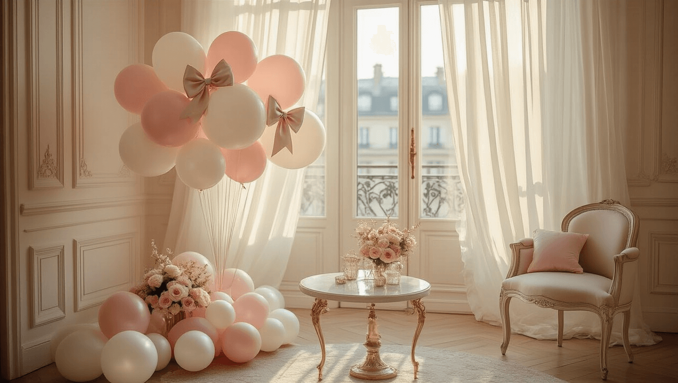 Cinematic overhead view of a luxurious Parisian apartment decorated with soft pink and white balloon arrangements, oversized satin bows, and ambient golden hour sunlight, creating a romantic and feminine aesthetic.