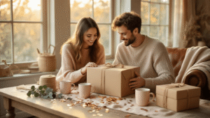 Couple Gift Ideas That'll Make You Look Like the Thoughtful Friend You Actually Are A couple joyfully unboxes beautifully wrapped gifts on a reclaimed wood table, surrounded by rose gold confetti, cream mugs, and warm golden hour light.
