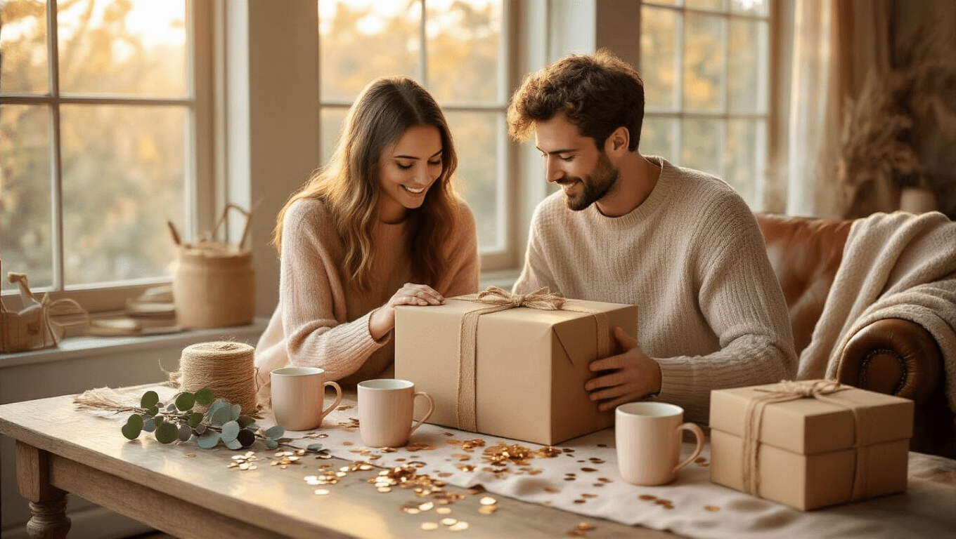 A couple joyfully unboxes beautifully wrapped gifts on a reclaimed wood table, surrounded by rose gold confetti, cream mugs, and warm golden hour light.