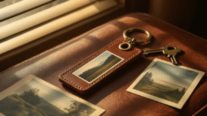 Cute Gift Ideas for Your Boyfriend That'll Actually Make Him Smile (Not Just Say "Thanks, Babe") A custom photo strip keychain on weathered cognac leather, illuminated by warm golden hour light, surrounded by Vermont postcards and vintage keys, creating a nostalgic atmosphere.