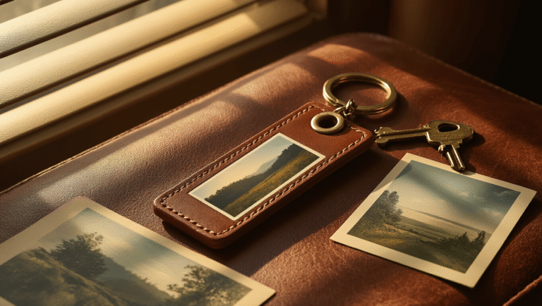 Cute Gift Ideas for Your Boyfriend That'll Actually Make Him Smile (Not Just Say "Thanks, Babe") A custom photo strip keychain on weathered cognac leather, illuminated by warm golden hour light, surrounded by Vermont postcards and vintage keys, creating a nostalgic atmosphere.