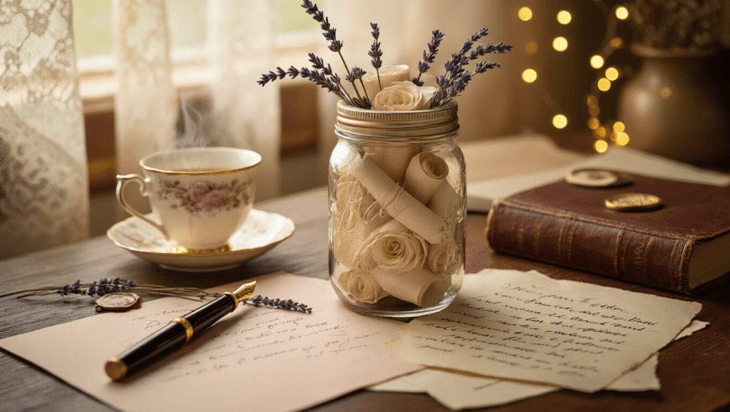 Mother's Day Gift Ideas That'll Actually Make Her Smile (No Generic Candles Here) Cinematic close-up of a vintage crafting table featuring an elegant mason jar filled with rolled cream-colored memory notes, a golden-nibbed fountain pen, dried lavender sprigs, and soft blush writing papers, all illuminated by warm honey-colored lighting and surrounded by golden fairy lights, creating a cozy, intimate atmosphere.