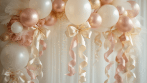 Balloons with Ribbon: Everything You Need to Know About Creating Picture-Perfect Party Decorations Cinematic close-up of an elegant balloon arrangement with pastel latex balloons inside clear bobo balloons, adorned with luxurious cream and gold satin ribbons, blush and metallic curling ribbons, all illuminated by warm golden hour lighting against a clean white backdrop, creating a sophisticated and inviting celebratory atmosphere.