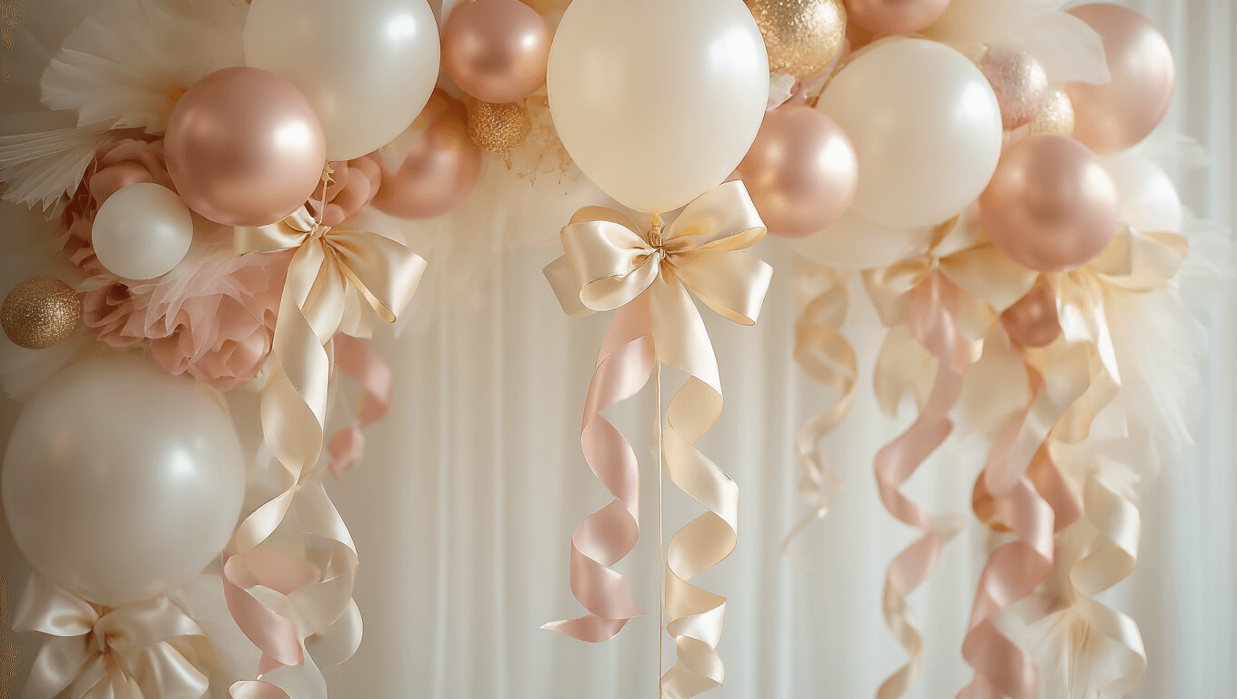 Cinematic close-up of an elegant balloon arrangement with pastel latex balloons inside clear bobo balloons, adorned with luxurious cream and gold satin ribbons, blush and metallic curling ribbons, all illuminated by warm golden hour lighting against a clean white backdrop, creating a sophisticated and inviting celebratory atmosphere.