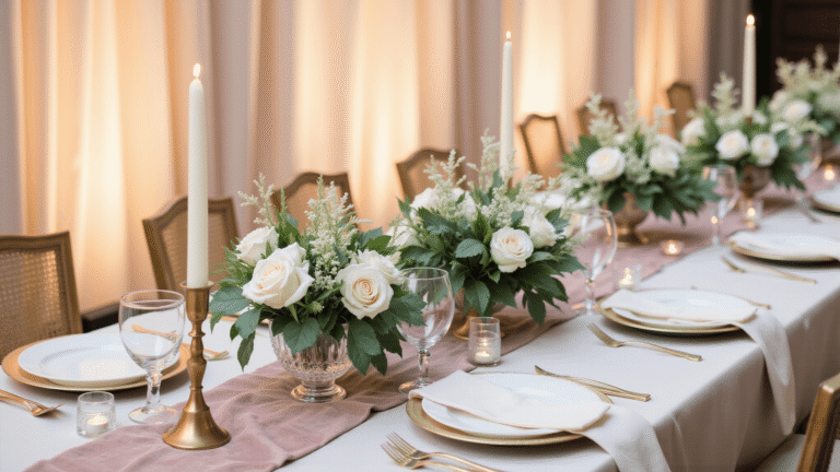 How to Create Classy Wedding Decor That Screams Sophistication Without Screaming for Help Elegant wedding reception table with ivory silk linens and blush velvet runner, adorned with tall brass candlesticks, white flowers, and candlelight, captured in warm golden hour light.